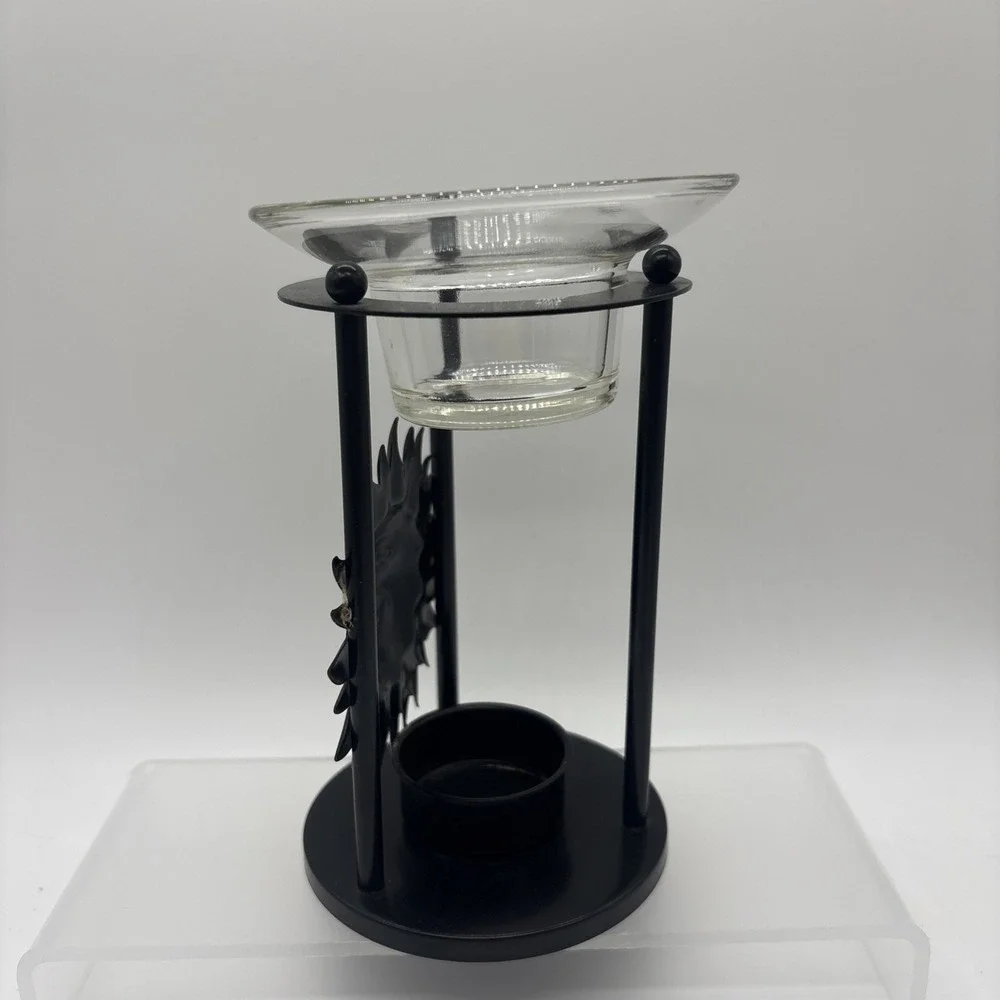 Vintage Celestial Sun Candle Holder & Oil Warmer Metal Bronze Finish Glass Top